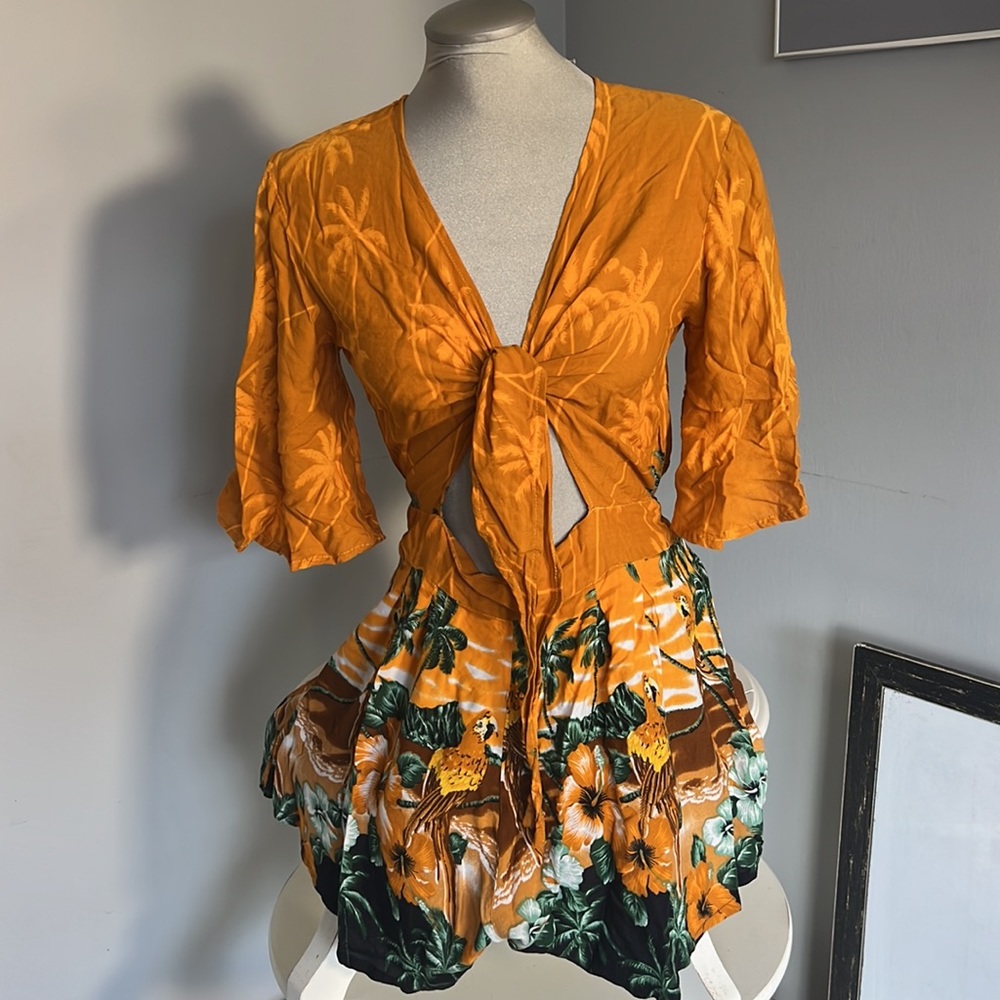 Tie front tropical burnt orange romper